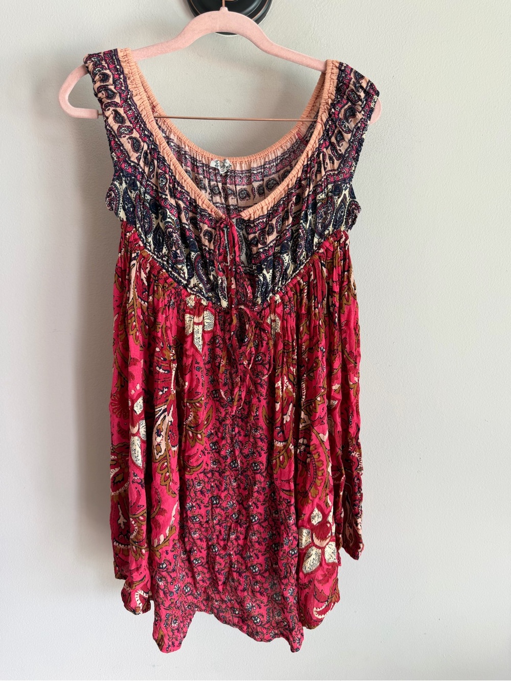 Free People Voile Babydoll Mini Dress / Tunic Top Mixed Print Fuchsia Sz M"